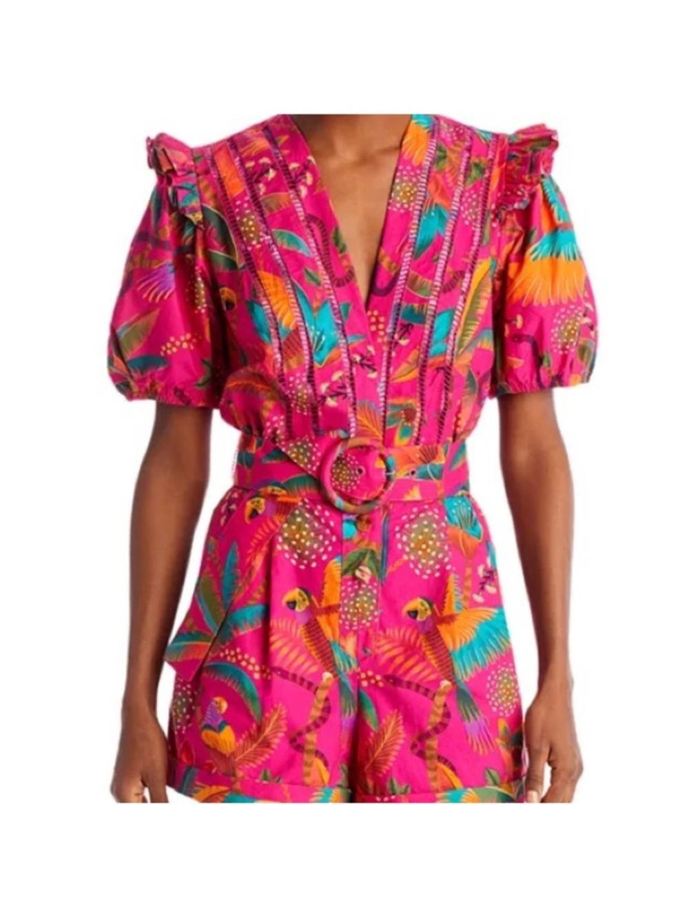Farm Rio Macaw Belted Puffed Sleeve Romper Tropical Print Waist Tie Playsuit XL